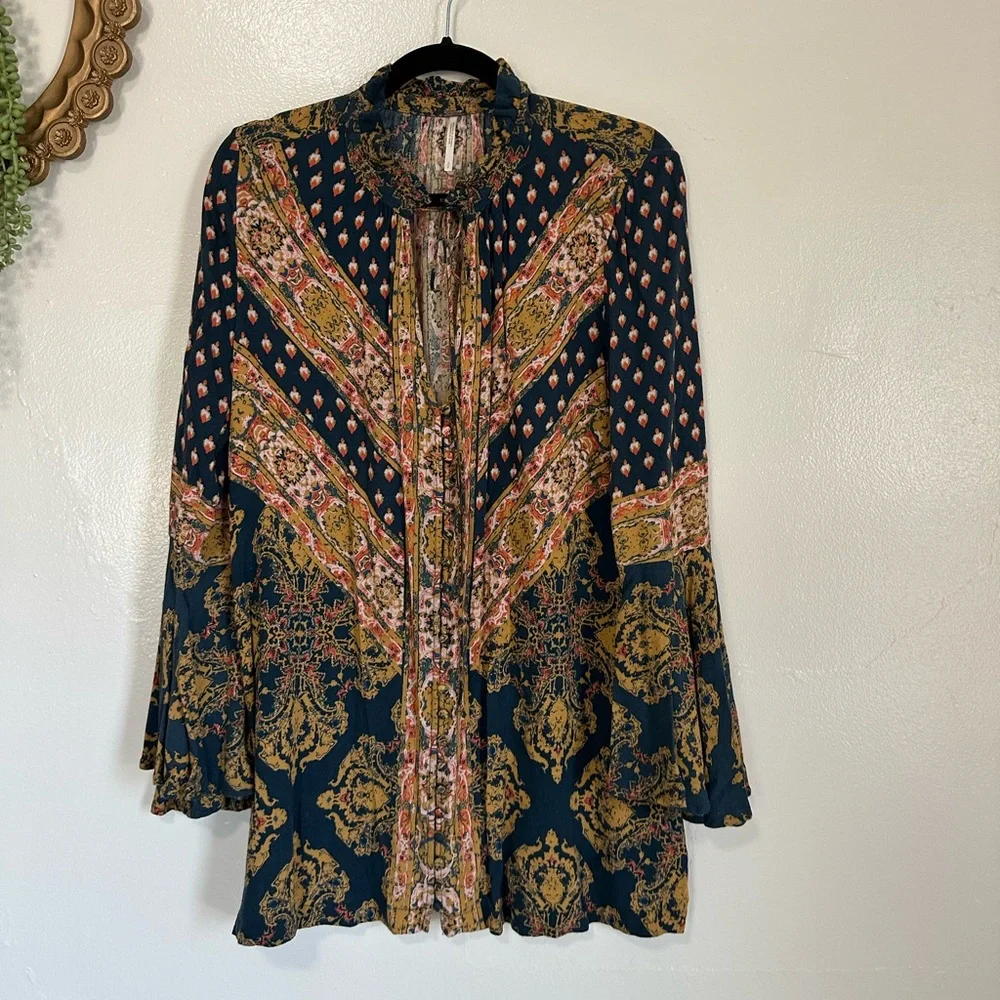 Free People Magic Mystery Tunic, Deep Teal & Mustard Paisley Print, Size Small - Picture 2 of 10